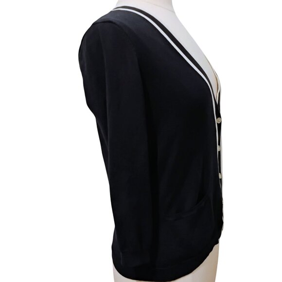 Ralph Lauren Sweater Cardigan Silk V Neck Navy Ivory Preppy Office Nautical S - Picture 5 of 14